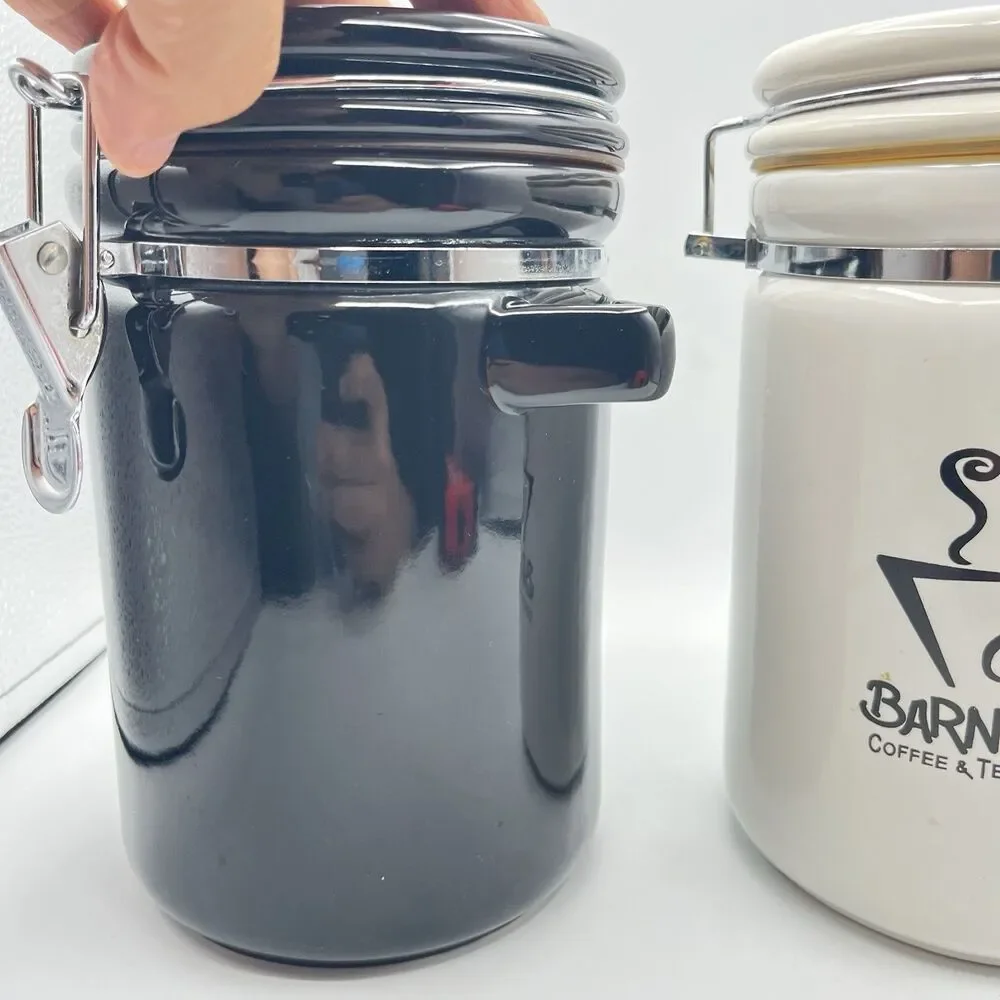 Barnie's Coffee & Tea Co. White Black Ceramic Canister Jar Set Of 2 - No Spoons